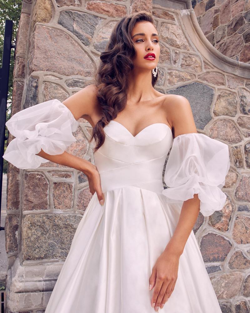 La22115 off the shoulder ball gown wedding dress with classic satin design3